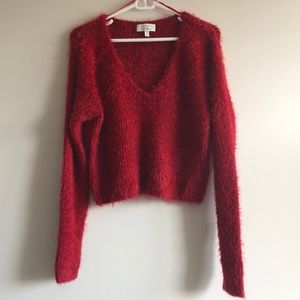 V-Neck Fuzzy Crop Sweater